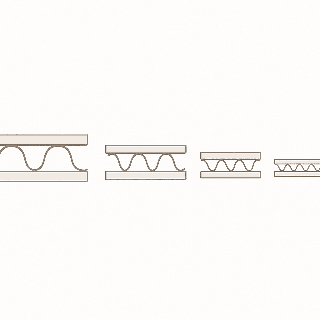 Diagram comparing the wave profiles of A, B, C, E, and F corrugated flute types